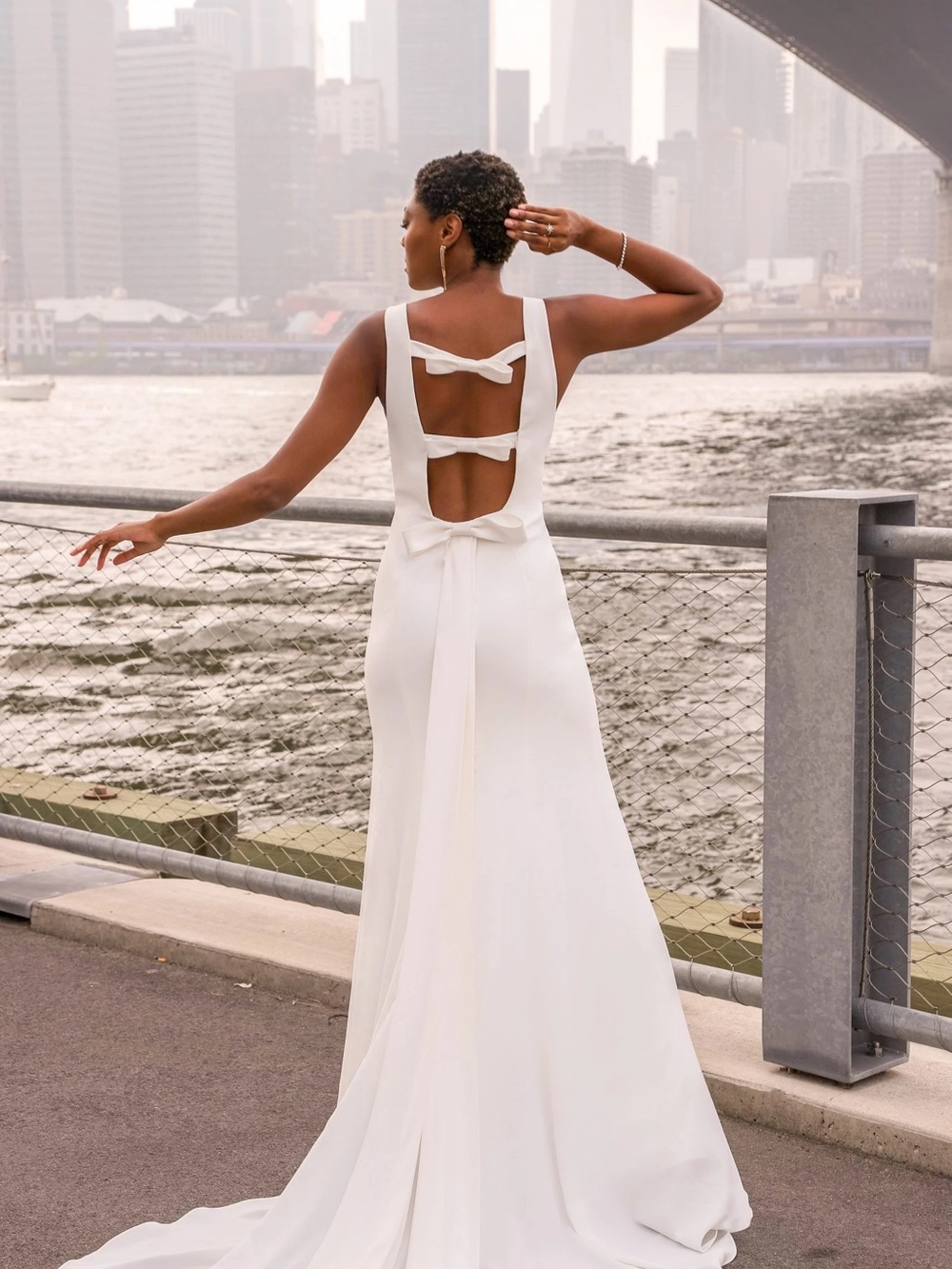CHIC MODEST COLUMN WEDDING DRESS WITH LOW BACK DETAIL. D3901